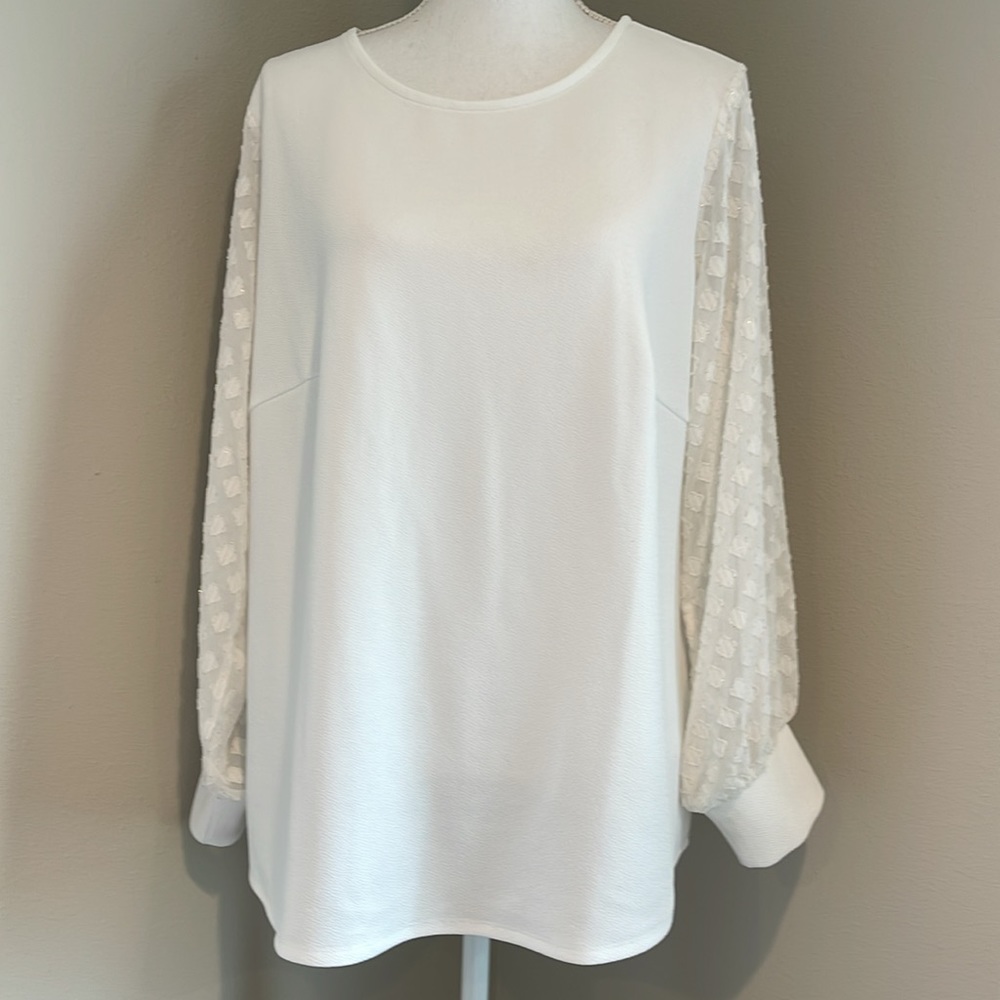 Adrianna Papell | Knit Blouse with Sheer Metallic Sleeves | White | Plus 1X